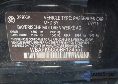 2011 BMW 3 Series 328I xDrive from USA, damaged, VIN WBAPK5C55BF124551